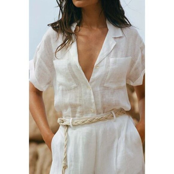 VITAMIN A Getaway Long Sleeve Linen Cover-Up Romper in White Eco Linen Large - Picture 2 of 14